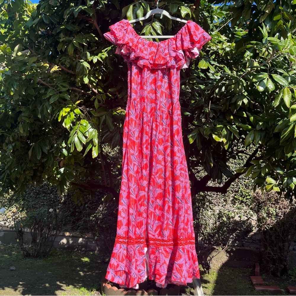 NWT A PEACE TREATY red‎ pink floral tropical off shoulder ruffle midi dress